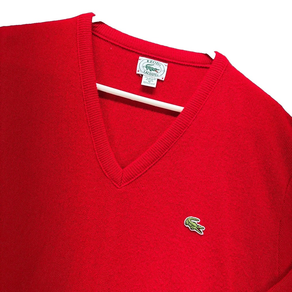 Vintage Lacoste Izod Sweater Mens L Red Knit V-Neck Pullover Made In USA Preppy